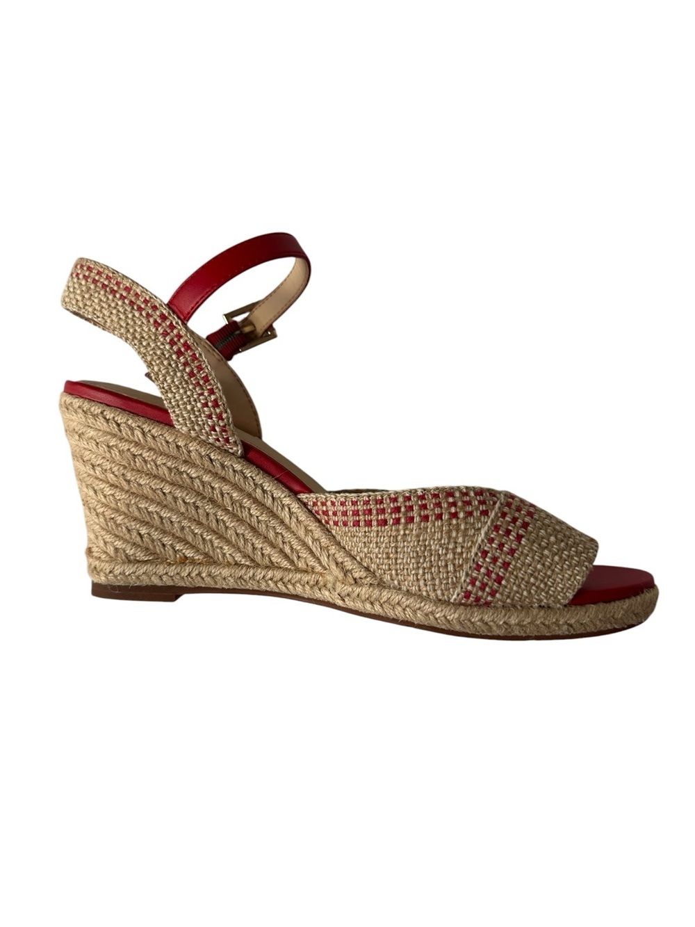 Isaac Mizrahi Red Trim Michah Natural Woven Espadrille Wedge Sandal, 9.5